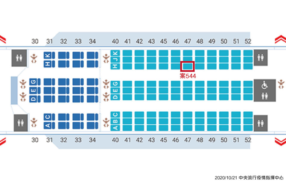 案544班機座位圖   圖：中央流行疫情指揮中心提供