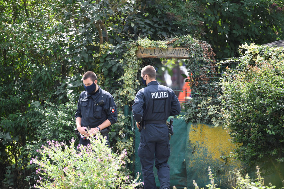 Police works at the site where they started digging in an allotment area near Hanover, Germany July 29, 2020, where Christian B, a suspect in the Madeleine McCann investigation lived for a while some years ago.     REUTERS/Fabian Bimmer