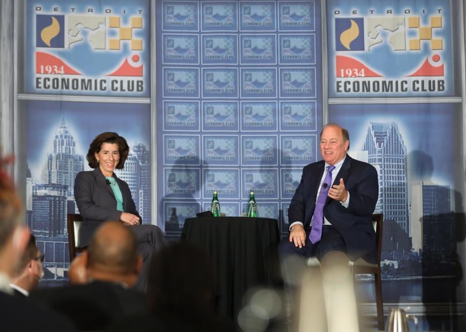 U.S. Commerce Secretary Gina Raimondo speaks with Detroit mayor Mike Duggan at the Detroit Economic Club on Monday, Nov. 29, 2021.