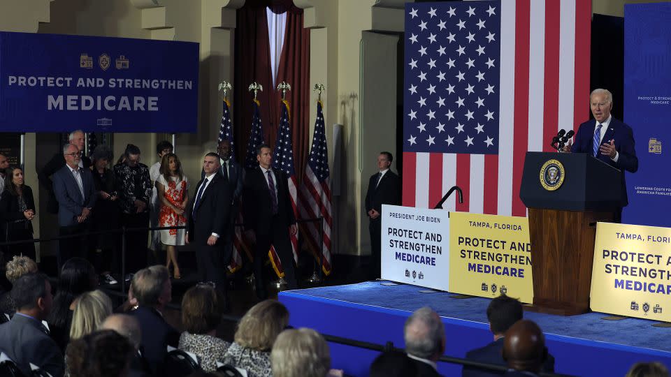 In this February 2023 photo, President Joe Biden speaks during an event to discuss Social Security and Medicare held at the University of Tampa in Florida. - Joe Raedle/Getty Images/File