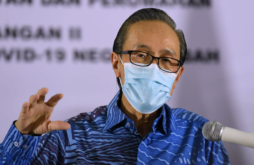 Datuk Seri Masidi Manjun speaks to the media in Kota Kinabalu, October 18, 2020. — Bernama pic