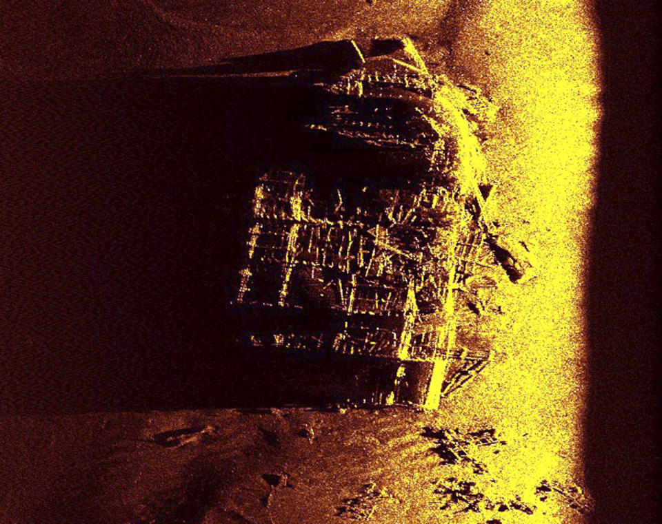 This 2014 sonar image released by Hydroid, Inc., of Bourne, Mass., shows wreckage of the bow of an American ship that sank to the ocean floor off the coast of England during World War II, according to the company that surveyed the wreckage to mark the disaster's 70th anniversary. The torpedo attack by German forces on U.S. landing ships, rehearsing during Exercise Tiger for the D-Day invasion of France's Normandy coast, claimed the lives of 749 U.S. soldiers and sailors on April 28, 1944. (AP Photo/Hydroid, Inc.)