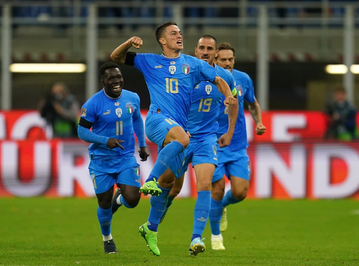 Italy’s Giacomo Raspadori celebrates his winner against England (Nick Potts/PA). (PA Wire)