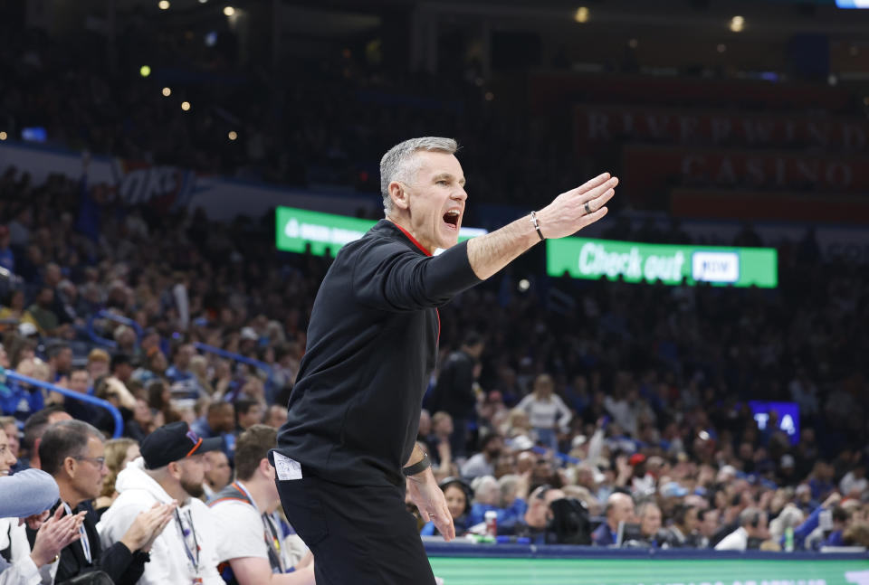 Nov 22, 2023; Oklahoma City, Oklahoma, USA; Chicago Bulls head coach Billy Donovan gestures during a play against the Oklahoma City Thunder during the first quarter at Paycom Center. Mandatory Credit: Alonzo Adams-USA TODAY Sports