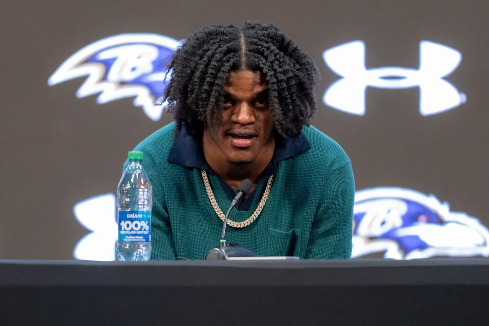 Baltimore Ravens quarterback Lamar Jackson speaks during a press conference at Under Armour Performance Center on May 4, 2023.
