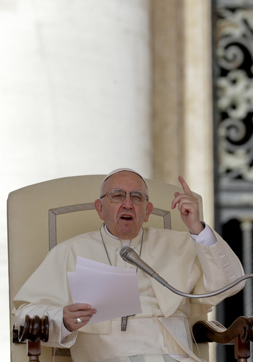 In this Wednesday, April 25, 2018 file photo Pope Francis delivers his speech during his weekly general audience, in St.Peter's Square at the Vatican. The Vatican said Thursday Aug. 2, 2018 that Pope Francis had changed the Catechism of the Catholic Church about the death penalty, saying it can never be sanctioned because it "attacks" the inherent dignity of all humans. (AP Photo/Andrew Medichini, file)