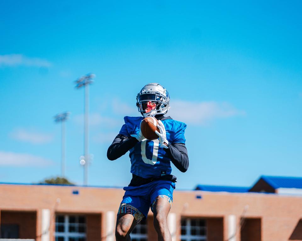 Memphis wide receiver DeMeer Blankumsee, a transfer from Toledo, reels in a catch during a recent spring practice.