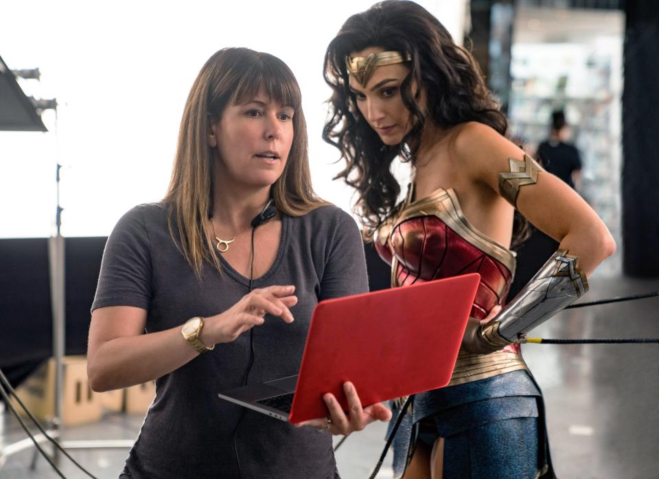 Patty Jenkins on set with Gal Gadot in costume as Wonder Woman