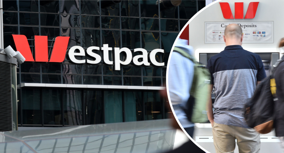 Westpac building with insert of Westpac customer at ATM