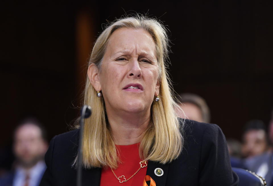 Nancy R. Rotering, Mayor, Highland Park, testifies during a Senate Judiciary Committee Hearing to examine the Highland Park mass shooting, focusing on legislation that would ban certain semi-automatic weapons, on Capitol Hill in Washington, Thursday, July 20, 2022. (AP Photo/Mariam Zuhaib)