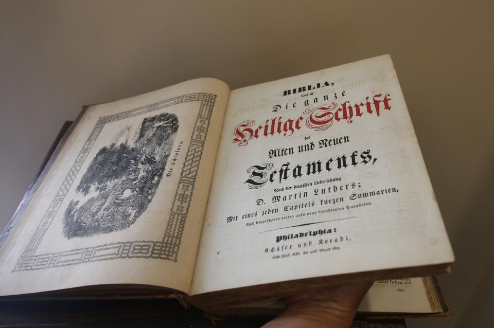 Pictured here is a German Bible from St. James Lutheran Church. In the early years of the church, the sermons were given in German.