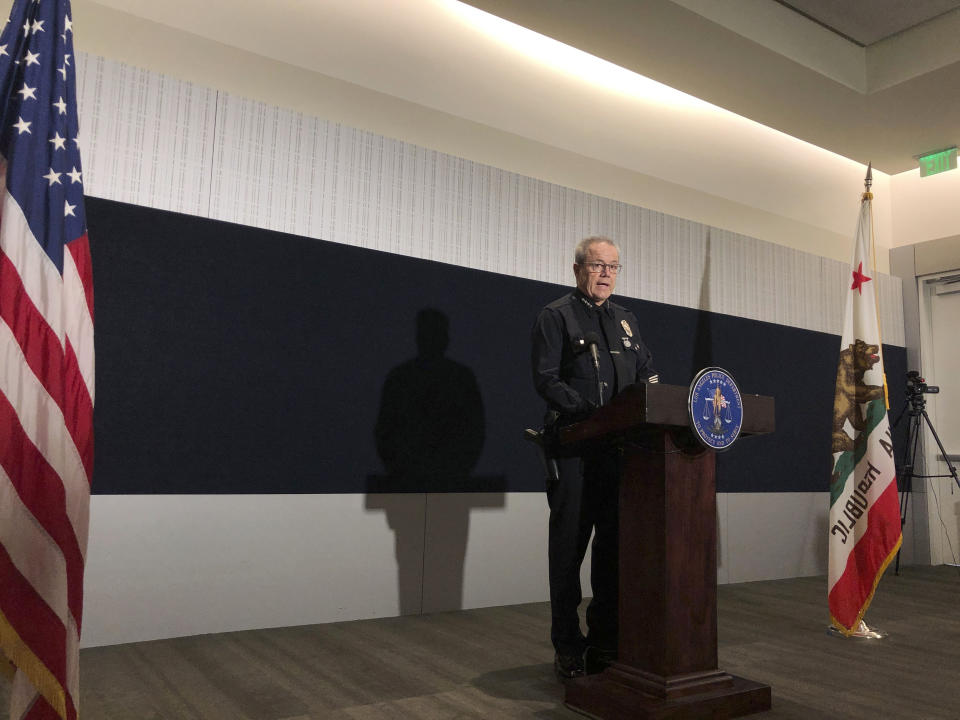 Los Angeles Police Chief Michel Moore discusses recent fatal police shootings during a news conference on Wednesday, Jan. 11, 2023, at LAPD headquarters in Los Angeles. (AP Photo/Stefanie Dazio)