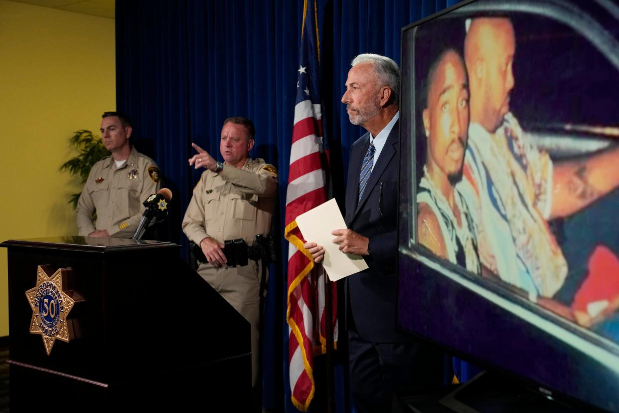 From left, Las Vegas police Lt. Jason Johansson, Sheriff Kevin McMahill and Clark County District Attorney Steve Wolfson attend a news conference on an indictment in the 1996 murder of rapper Tupac Shakur on Sept. 29 in Las Vegas.
