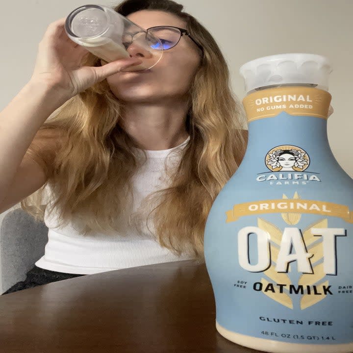 Farrah drinking califia oatmilk