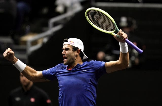 Matteo Berrettini, pictured, celebrates victory over Team World’s Felix Auger-Aliassime