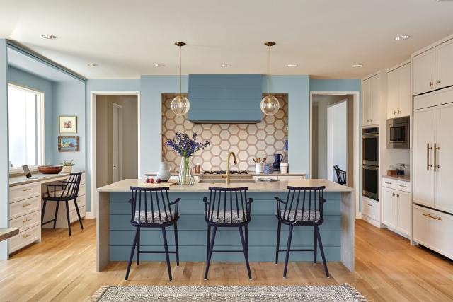 French Glass and Brass Pipe Kitchen Shelves on Blue Mosaic