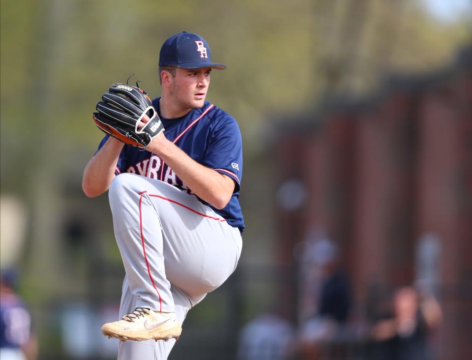 Byram Hills pitcher Bobby Chicoine (16) delivers a pitch during their 11-3 win over Eastchester in baseball action at Eastchester High School on Thursday, May 5, 2022.