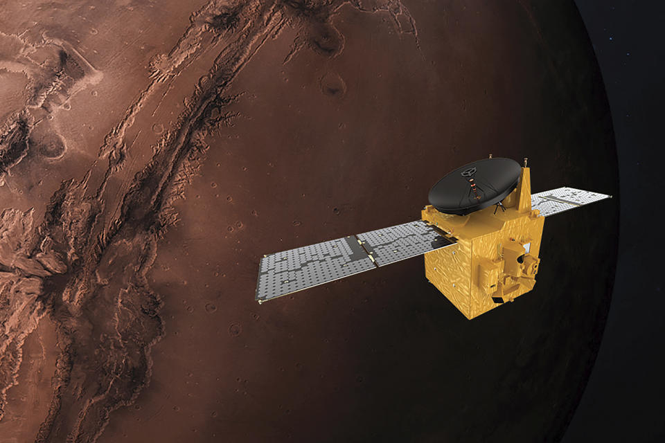 FILE - This June 1, 2020 illustration provided by Mohammed Bin Rashid Space Centre depicts the United Arab Emirates' Hope Mars probe. (Alexander McNabb/MBRSC via AP)