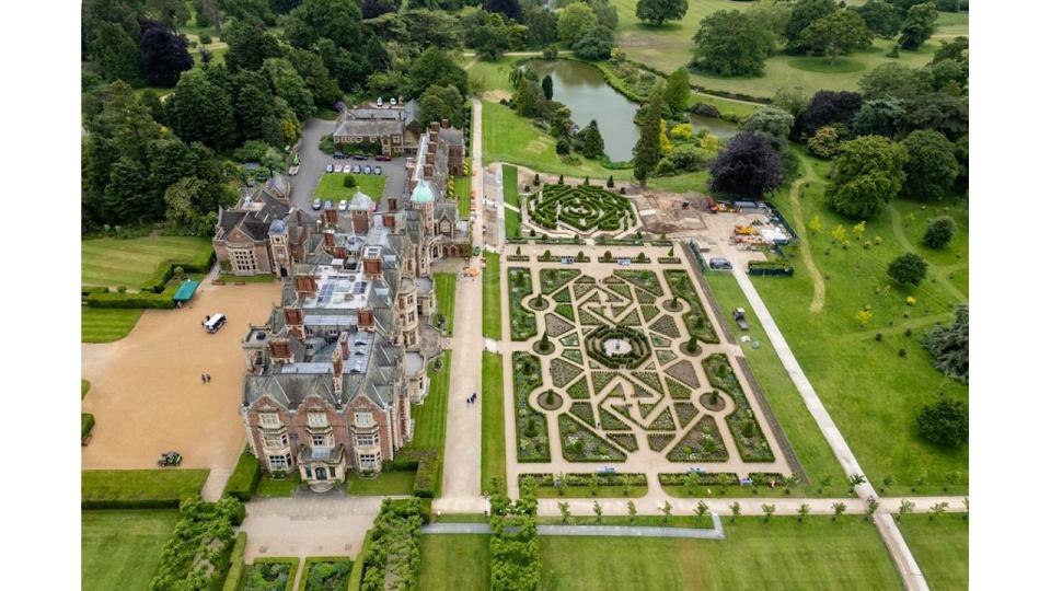 Picture supplied by  Bav Media 07976 880732.Picture dated June 4th shows the new maze (top right) and topiary garden at Sandringham House which is almost complete as King Charles continues to transform the estate. King Charles is continuing to REMODEL his Royal Sandringham estate in Norfolk by building an elaborate wisteria-covered PERGOLA â€“ as the finishing touches are made to his new maze garden.The walkway in front of Sandringham House has been closed whilst foundations are laid for the pergola, which will feature brick columns and eventually be covered by wisteria.A notice in front of the new Pergola Project states: â€œTaking inspiration from brick pillars in the private walled garden, the Pergola will provide a structure to train wisteria.New aerial photos show the Lower Maze Garden on the West Lawn in front of Sandringham House, which was started earlier this year, is now almost complete.See copy catchline  King Charles remodels Sandringham with new pergola project