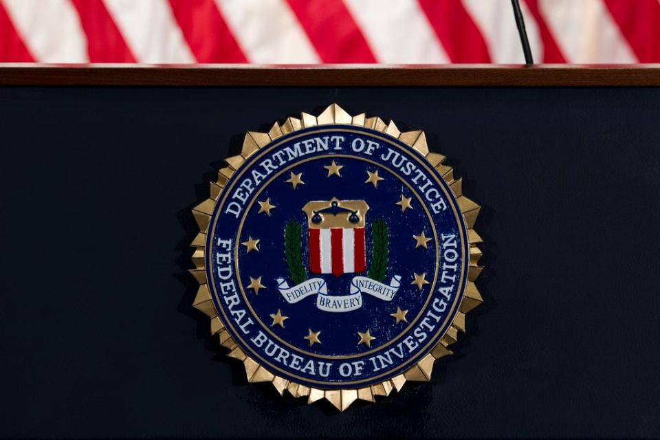 In this June 14, 2018, file photo, the FBI seal is seen before a news conference at FBI headquarters in Washington.