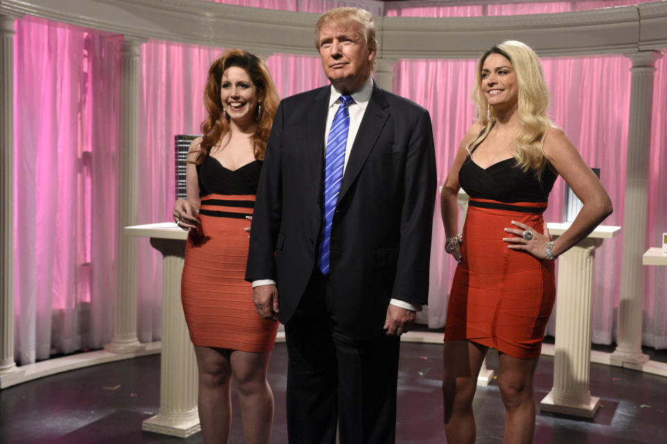 Vanessa Bayer (left), Trump and Cecily Strong (right) during the "Porn Stars" sketch during the Nov. 7, 2015 show, Trump's second time hosting.   (Photo: Dana Edelson/NBCU Photo Bank/NBCUniversal via Getty Images)