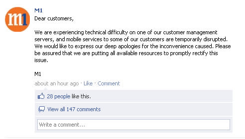 M1 service disruptions causing many inconveniences for their users. (Facebook photo)