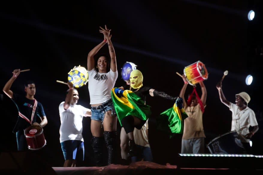 Madonna rehearses on stage at Copacabana beach in Rio de Janeiro, Brazil on May 2, 2024.