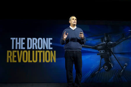 FILE PHOTO: Intel CEO Brian Krzanich talks about the new Yuneec Typhoon H drone, which he said was the first consumer drone equipped with Intel's RealSense sense and avoid technology, during his keynote address at the Consumer Electronics Show in Las Vegas, U.S., January 5, 2016. REUTERS/Rick Wilking/File Photo
