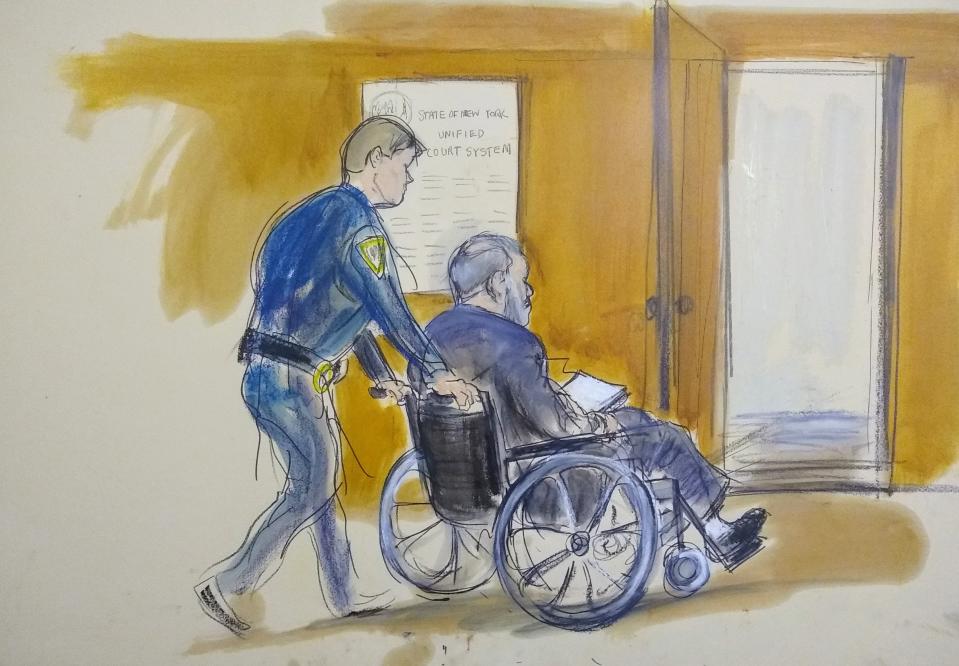 In this courtroom sketch a court officer wheels Harvey Weinstein out of a Manhattan courtroom after his sentencing on Wednesday. Source: AP