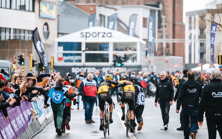<span class="article__caption">The Jumbo-Visma pair finished arm-in-arm in Wevelgem on Sunday.</span> (Photo: Gruber Images/VeloNews)