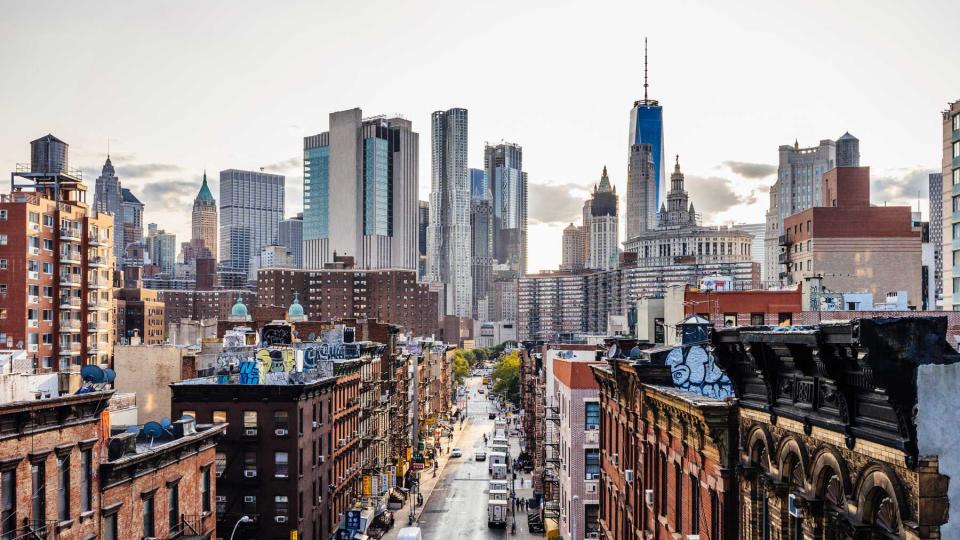 Lower Manhattan cityscape. Chinatown in foreground and Wall street in the background.