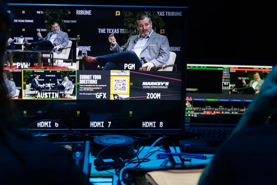 Audio/video crew while Texas Tribune political reporter Patrick Svitek speaks one on one with U.S. Sen. Ted Cruz about why he should be reelected to a third term at The Texas Tribune Festival in Austin, TX on Sept. 23, 2023.