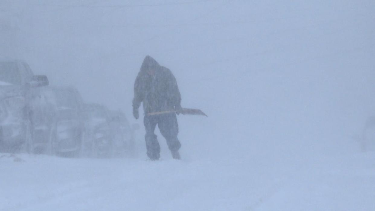 High winds and blowing snow made walking difficult in St. John's Friday. (Meg Roberts/CBC - image credit)