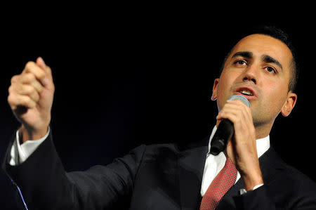 FILE PHOTO: 5-Star movement leader Luigi Di Maio speaks during the final rally for a regional election in Palermo, Italy, November 3, 2017. REUTERS/Guglielmo Mangiapane/File Photo