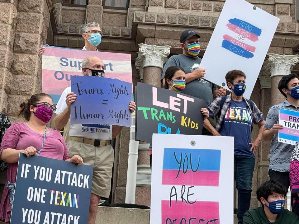 LGBTQ advocates protest at the Texas Capitol on April 28, 2021.