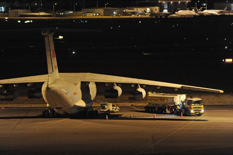 A Chinese Ilyushin IL-76 aircraft prepares to fly out from Perth International Airport on April 16, 2014 to help in the search for missing Malaysia Airlines flight MH370