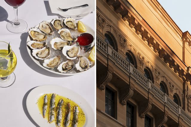 <p>From left: Andrea Veltom/Courtesy of Le Foote; Timothy Kaye/Courtesy of Capella Sydney</p> From left: Oysters and anchovies at Le Foote; the Capella Sydney hotel.