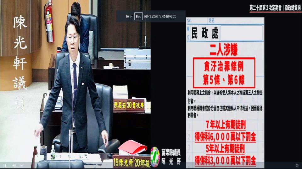 苗議員陳光軒質詢爆料某科長為科員代打卡長達1年。（圖：陳光軒臉書）