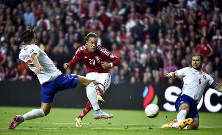 Denmark's Yussuf Poulsen scores a goal against Serbia during their Euro 2016 qualifying match in Copenhagen, Denmark, June 13, 2015. REUTERS/Bax Lindhardt/Scanpix Denmark