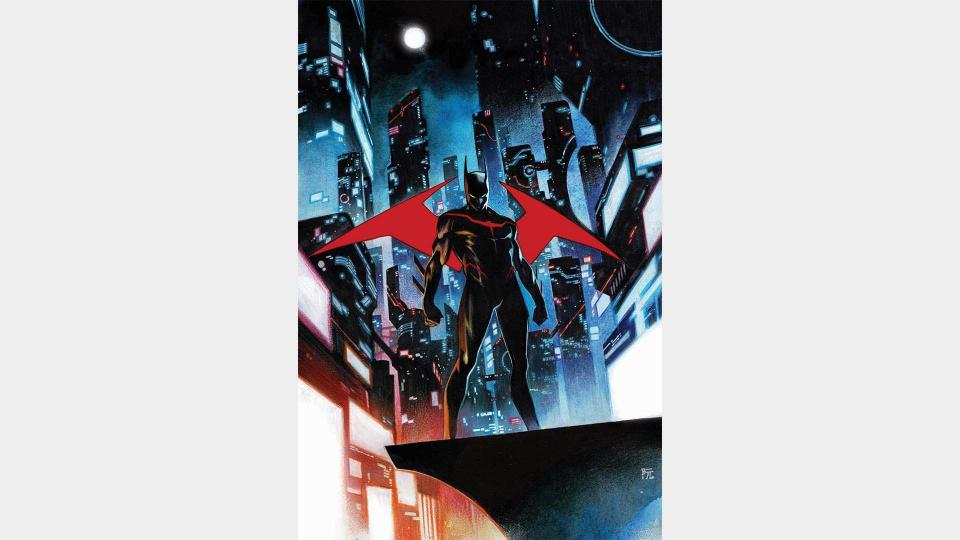 Batman in front of a futuristic cityscape.