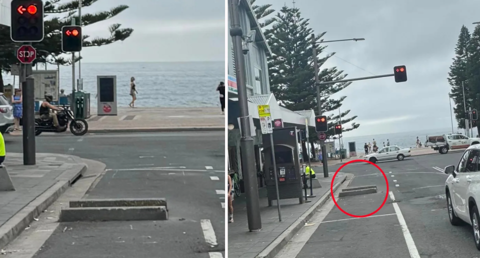Cement blocks are seen at Coogee beach front in two split images. There's meant to be a tree in between the blocks. 