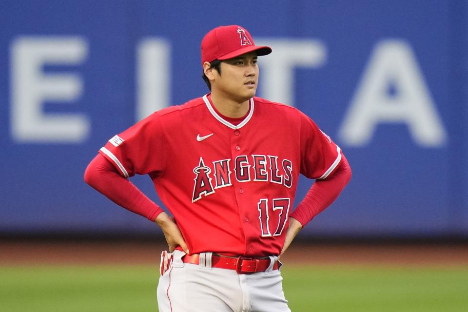 Los Angeles Angels' Shohei Ohtani, of Japan, before a baseball game against the New York Mets Friday, Aug. 25, 2023, in New York. (AP Photo/Frank Franklin II)
