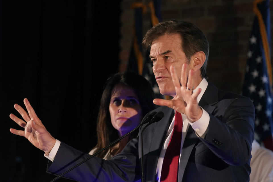 Mehmet Oz, a Republican candidate for U.S. Senate in Pennsylvania, speaks to supporters at a primary night election gathering in Newtown, Pa., Tuesday, May 17, 2022. (AP Photo/Seth Wenig)