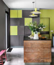 <p> Work in a bold accent color to give grey a modern feel. Grey has the advantage of complementing a whole host of colors, so anything goes - whether it’s a punchy purple or vivid lime green kitchen accent color as pictured above. </p> <p> Paint a feature wall, opt for a bright backsplash, or use colorful accessories.  </p>