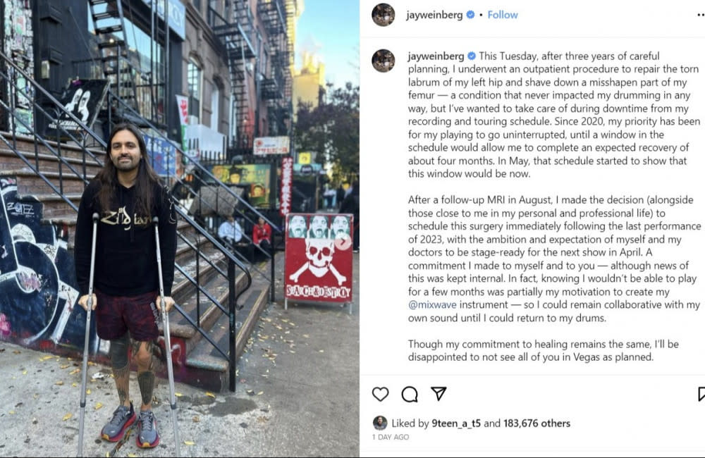 Former Slipknot drummer Jay Weinberg has undergone hip and femur surgery, just days after he was axed from the band - Instagram-Jay Weinberg credit:Bang Showbiz