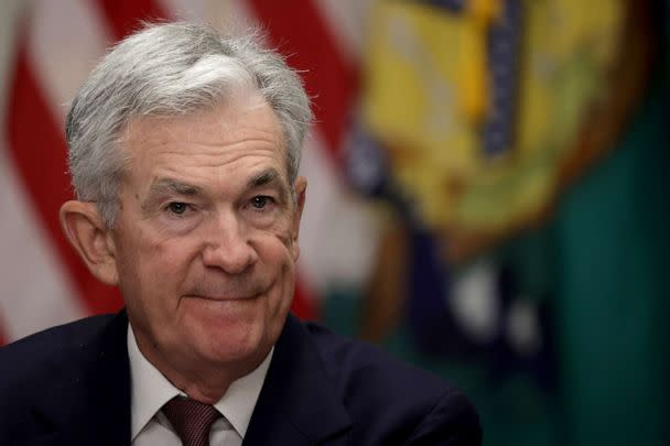 PHOTO: Federal Reserve Board Chairman Jerome Powell listens during an open session of a Financial Stability Oversight Council meeting at the Department of the Treasury, April 21, 2023, in Washington, DC. (Alex Wong/Getty Images)