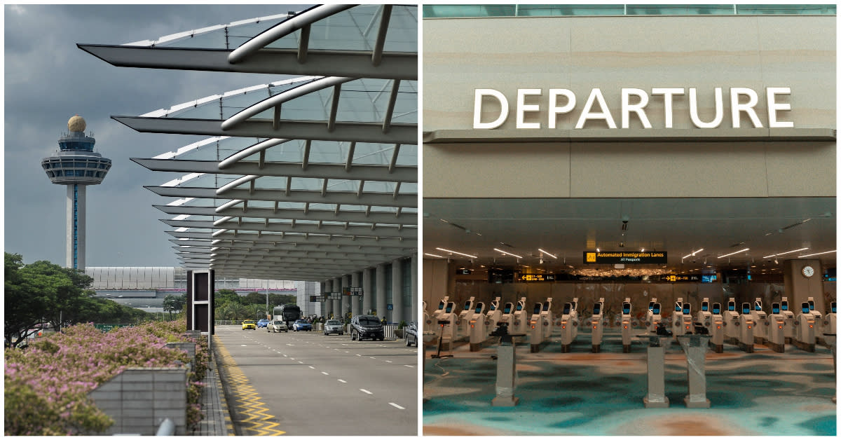 On the left, an image of the exterior of Changi Airport Terminal 2 and on the right, an image of the departure gates. 