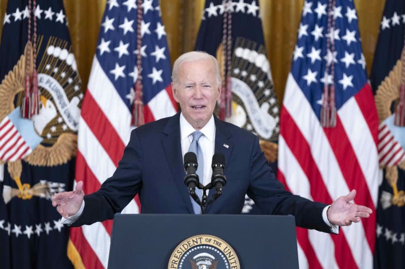 President Joe Biden speaks about his plan to lower prescription drug costs on Tuesday at the White House. Photo by Bonnie Cash/UPI