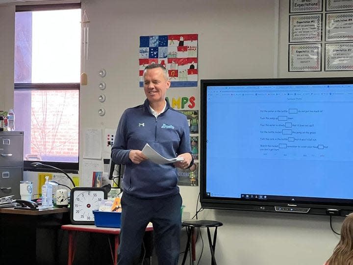 Bartlesville Public School District Superintendent Chuck McCauley teaches a second grade class on Jan. 13 at Wayside Elementary School amid pandemic-related staffing shortages. The district announced Thursday it will participate in the Oklahoma Guest Educator Initiative, allowing state employees to volunteer to substitute.