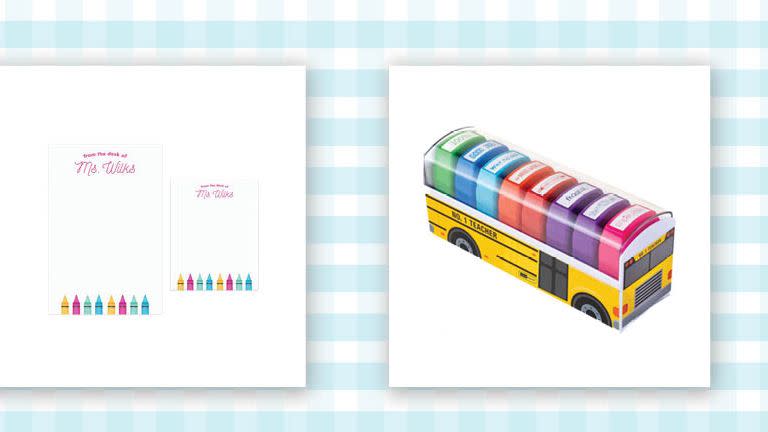 personalized notepad and school bus stamp kit